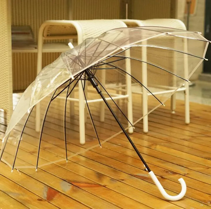 Long handle transparent umbrella with black steel frame and white canopy