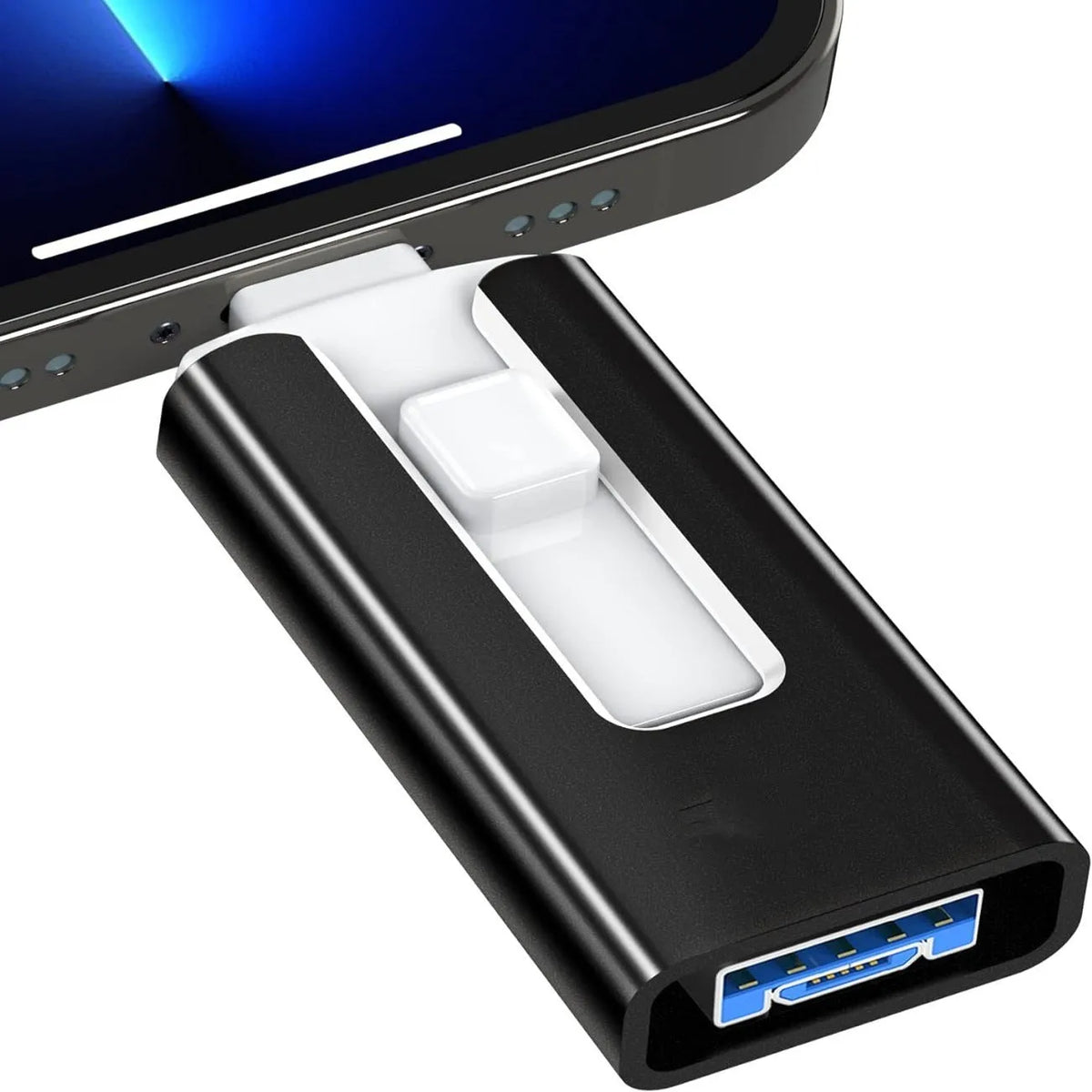Multifunctional thumb drive in silver metal shell showing Lightning, USB, and OTG connectors with push-pull mechanism