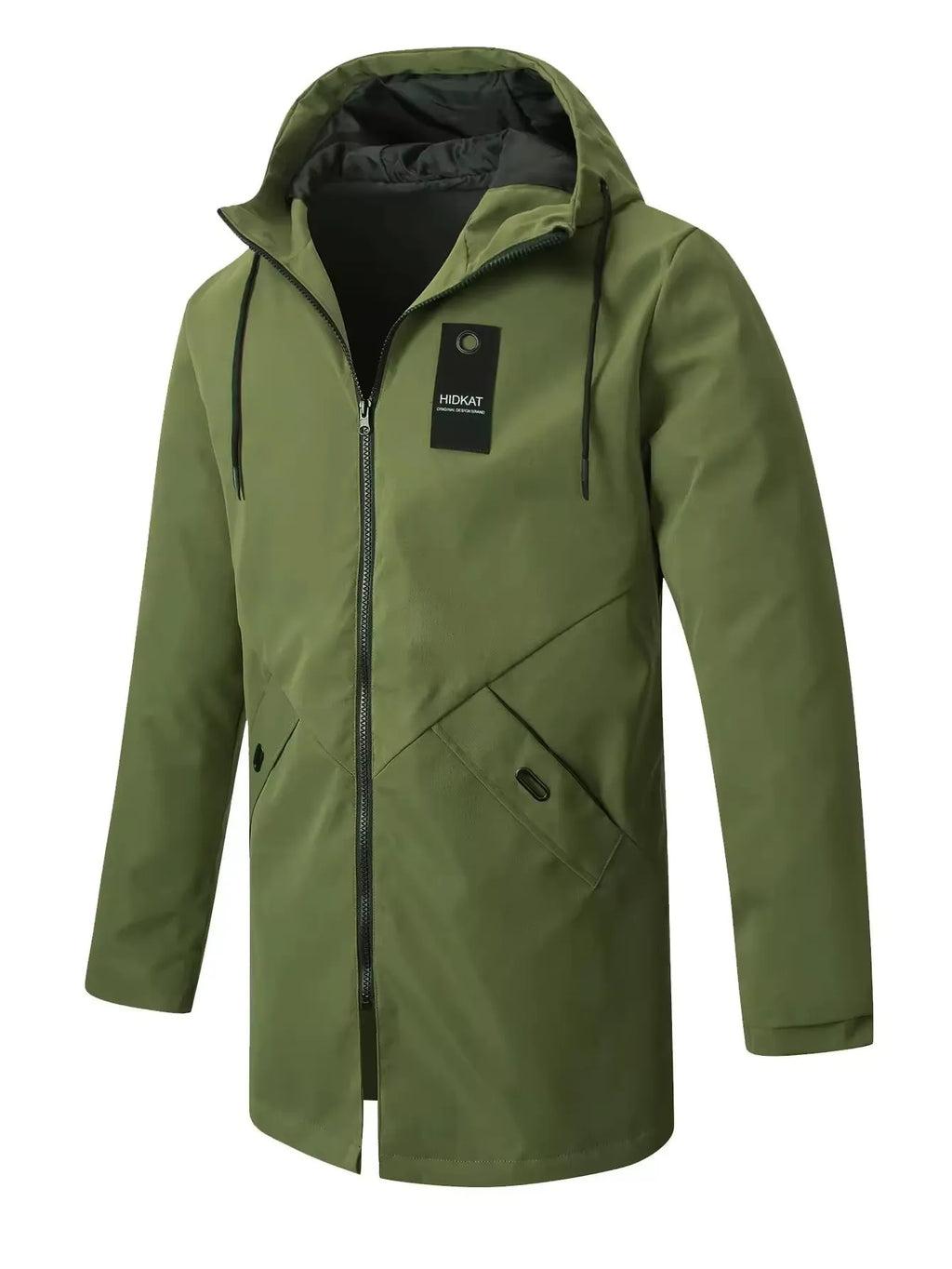 Men's mid-length windproof hooded polyester shell jacket in army green on a model outdoors
