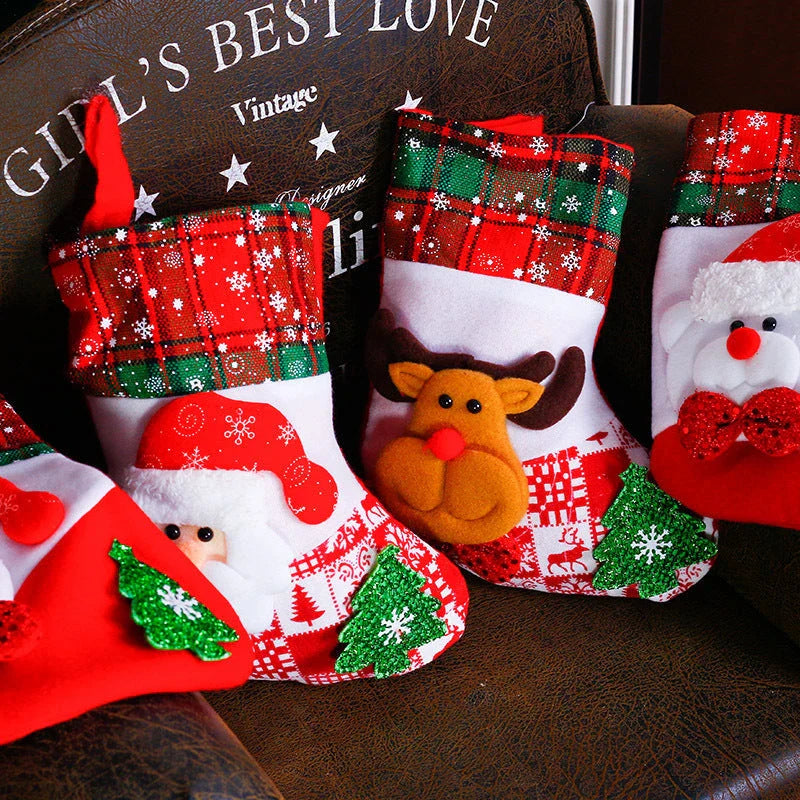 Colorful Christmas ornament-themed socks in a variety of designs, including an elk, bear, elderly person, and snowman.