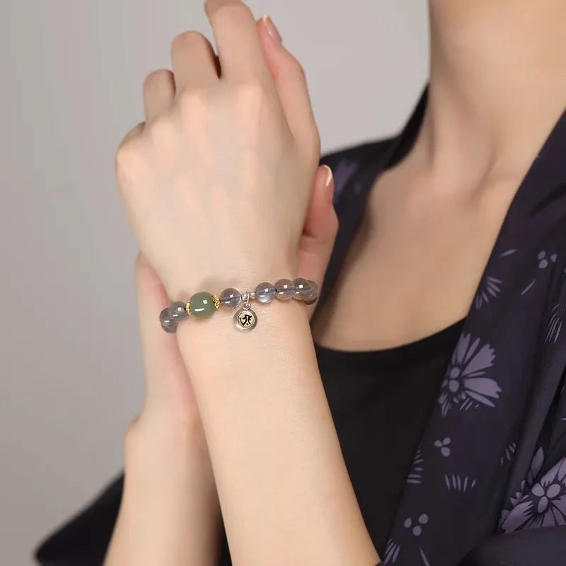 Moonstone birth Buddha bracelet with 8mm bead and Thousand-Hand Kwan-yin mouse zodiac design
