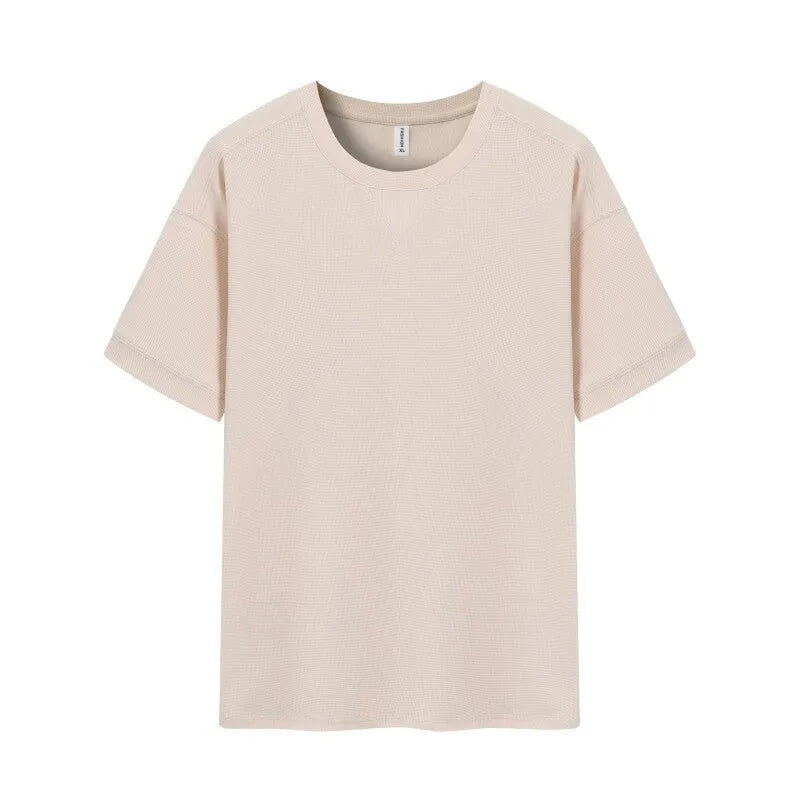 Men's dark grey heavy waffle knit short-sleeved t-shirt on a hanger.