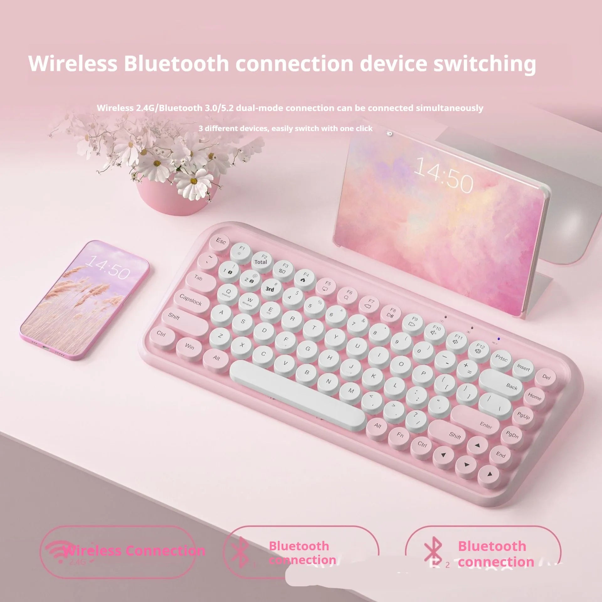 Pink wireless Bluetooth keyboard with 84 keys showing crater architecture button technology