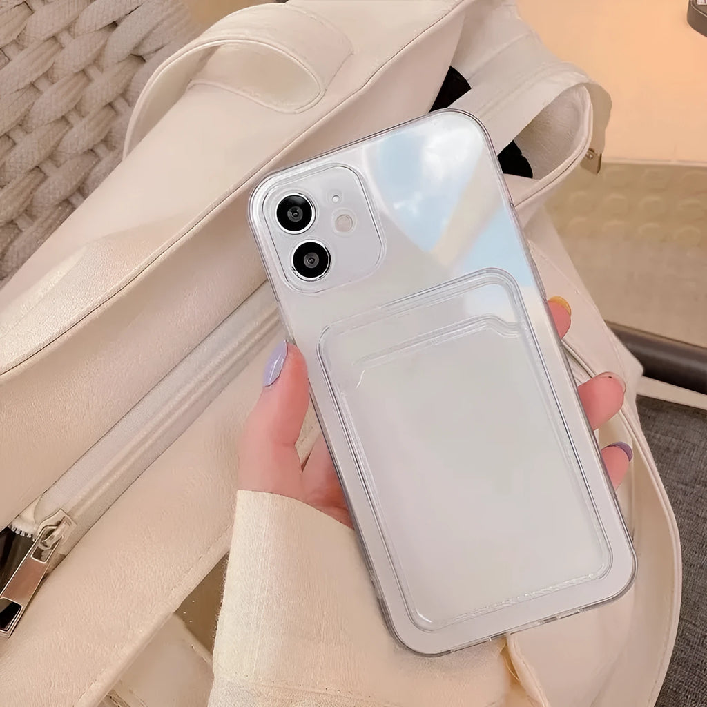 Clear transparent phone case for Apple iPhone with a built-in card wallet pocket on the back.