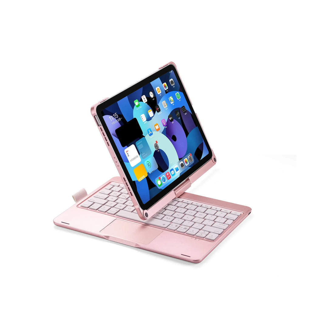 Miaocontrol rotating Bluetooth keyboard for iPad in rose gold, silver, or black showing 360-degree adjustment