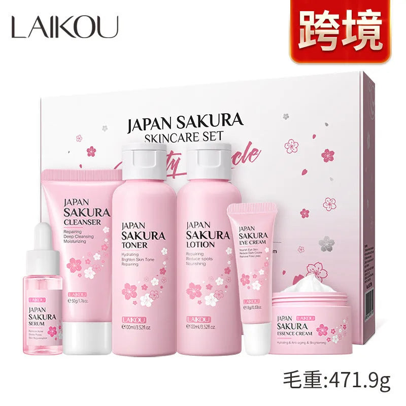 Cherry blossom skin care set with six facial products including cleanser, toner, cream, essence, and eye cream
