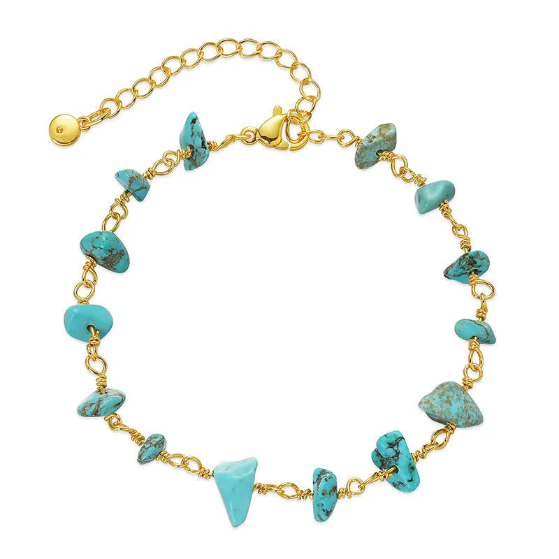 Women's geometry-shaped crystal bracelet with irregular natural gravel turquoise stones on 18K copper