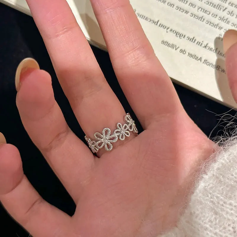 Metal geometry lace hollow flower ring for women in silver electroplated finish