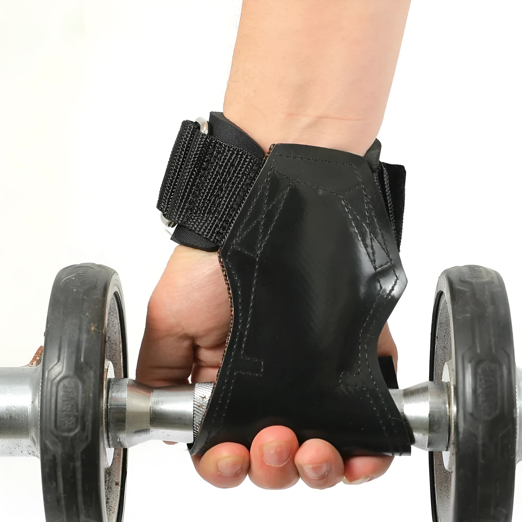 Black rubber non-slip palm protection grip belt for weightlifting and rock climbing.