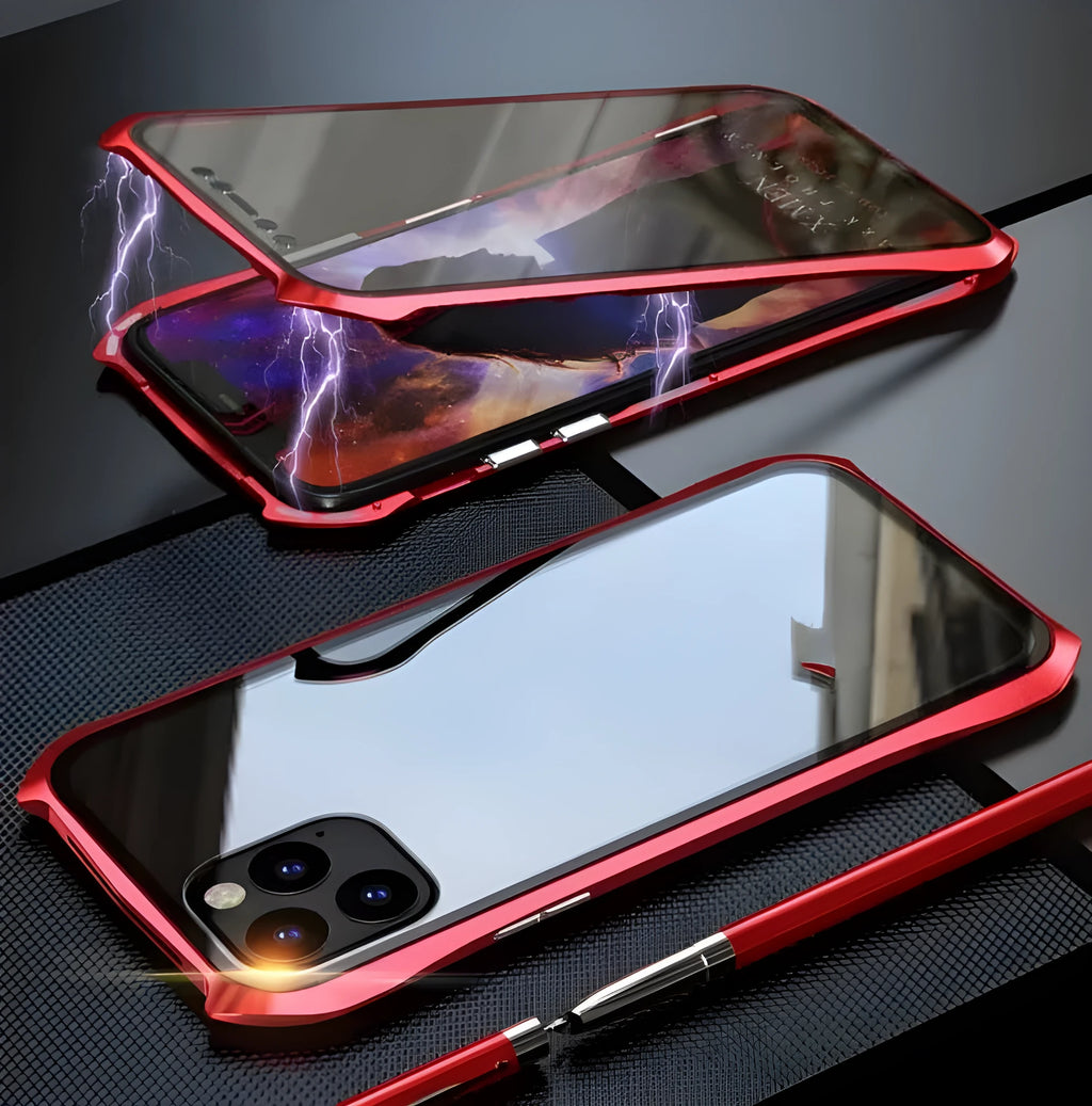 Glass magnetic king metal back cover for iPhone 11 in black, red, blue, and silver colours.