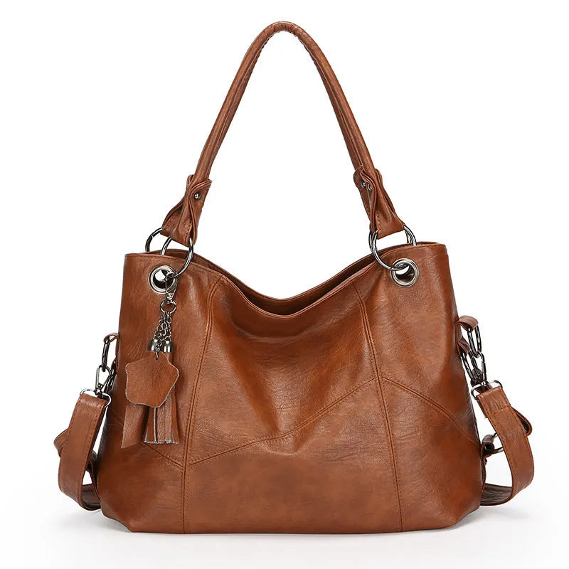Retro large capacity soft PU stitching handbag in black with horizontal square shape and sandwich pocket