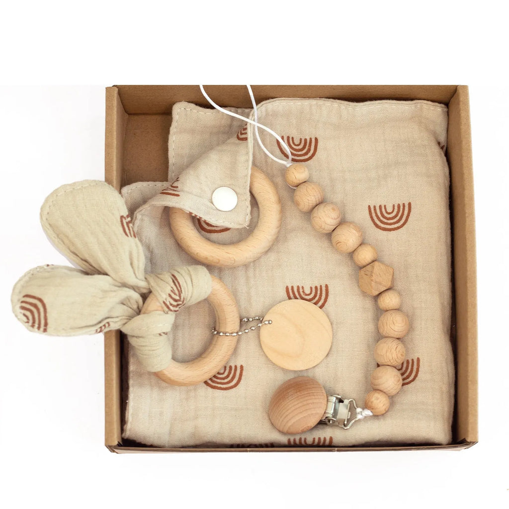 Baby teething toy set with bamboo fibre blanket, beechwood teether, tactile brush and developmental markers
