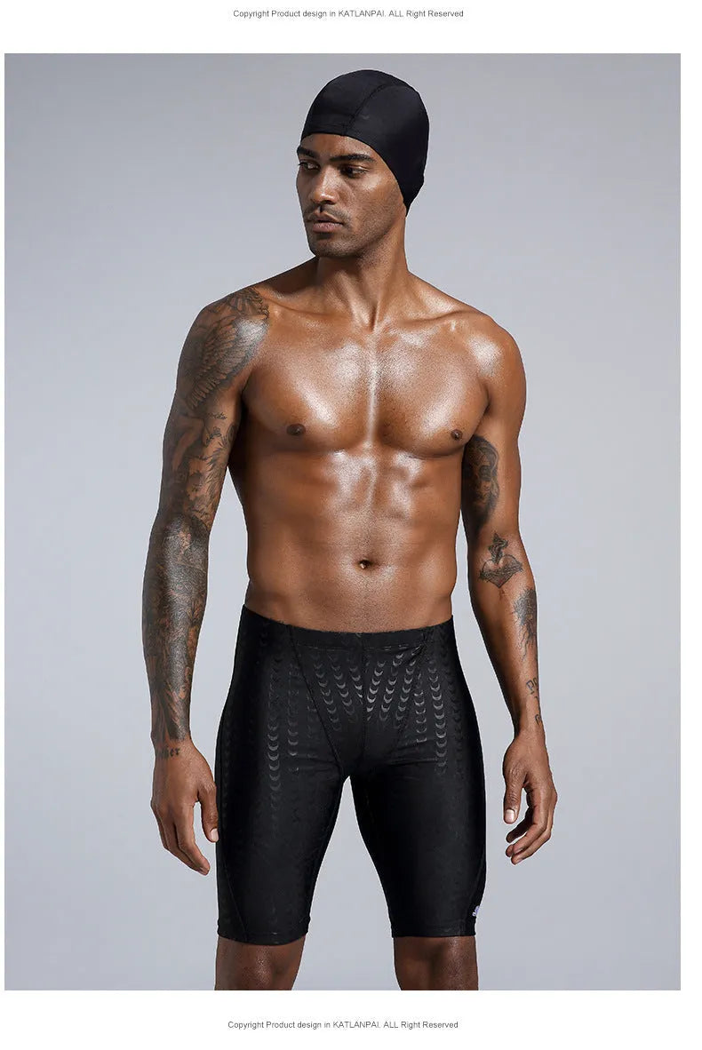 Men's solid colour shark skin texture waterproof swimming trunks for surfing, shown in sizes XL to 4XL.