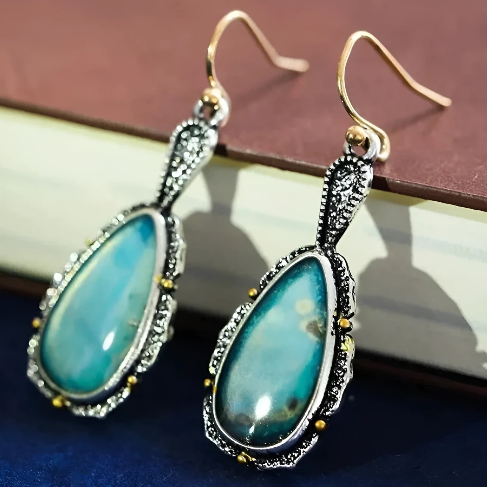 Antique silver turquoise vintage drop earrings teardrop petal Maillard style alloy women jewellery