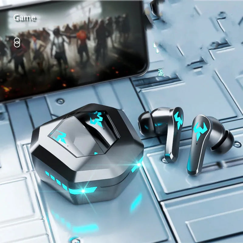 Black wireless in-ear Bluetooth headset for sports and gaming with noise cancellation