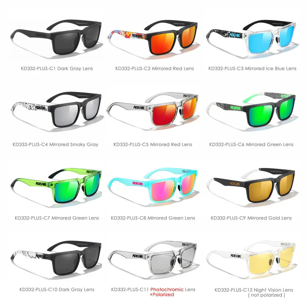 Square polarised sunglasses with TAC lenses available in multiple colours for outdoor and fashion use