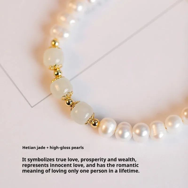 Natural freshwater pearl bracelet in Hetian jade colour with diamond shape and Korean style design.