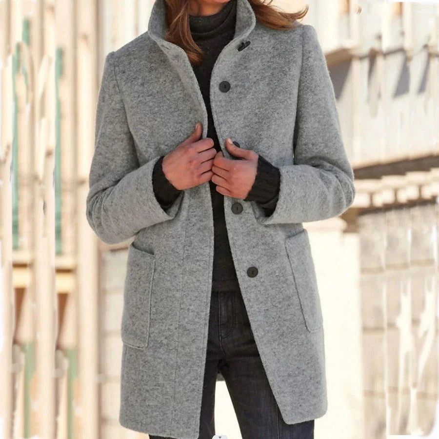 Fashionable wool coat with stand collar, pockets, and a variety of color options for casual fall and winter wear