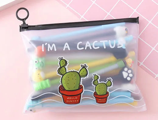 20 black 0.5mm gel pens in Marvel cartoon cactus character plastic case measuring 21 by 17cm