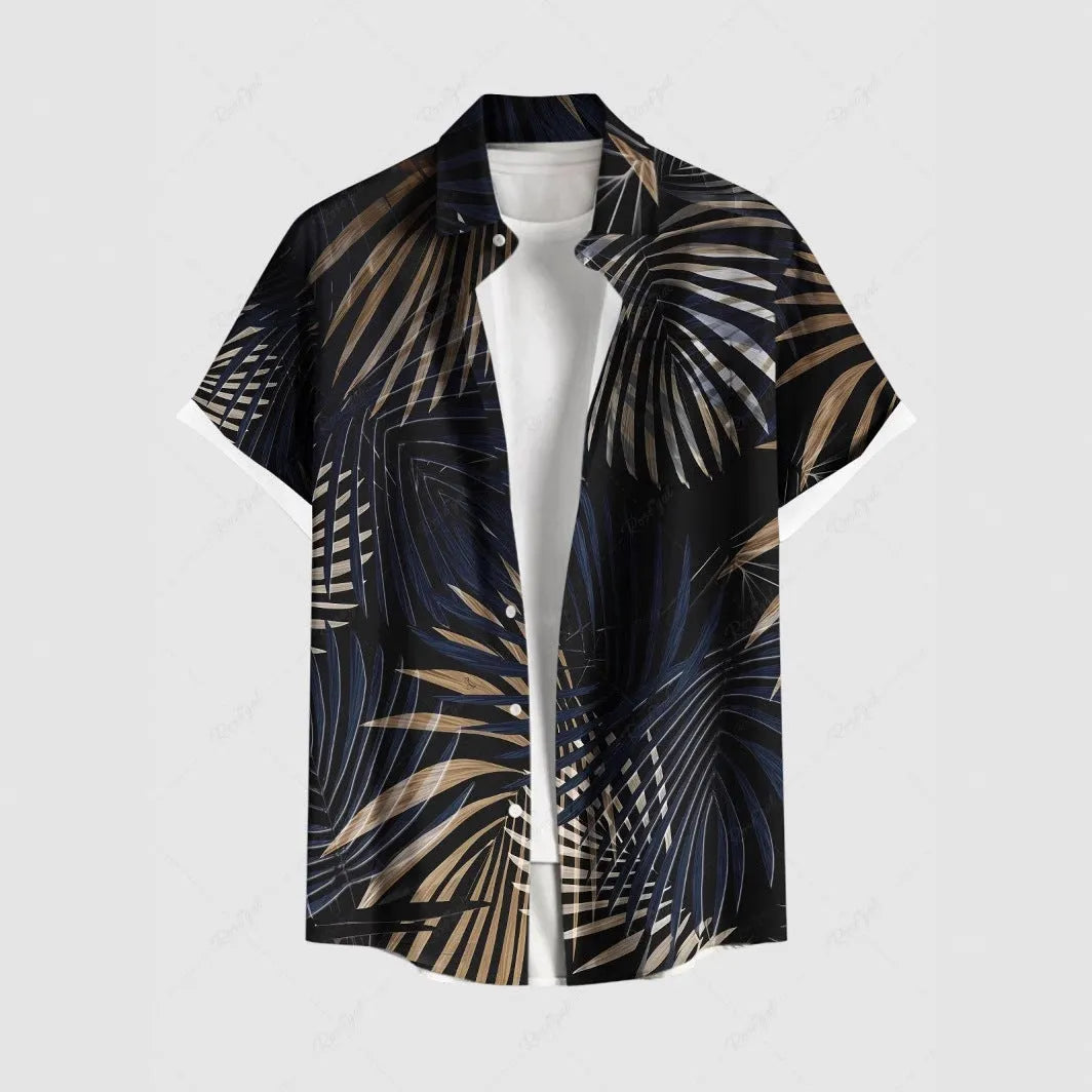 Men's striped short sleeve shirt with stand collar in loose fit for summer casual wear