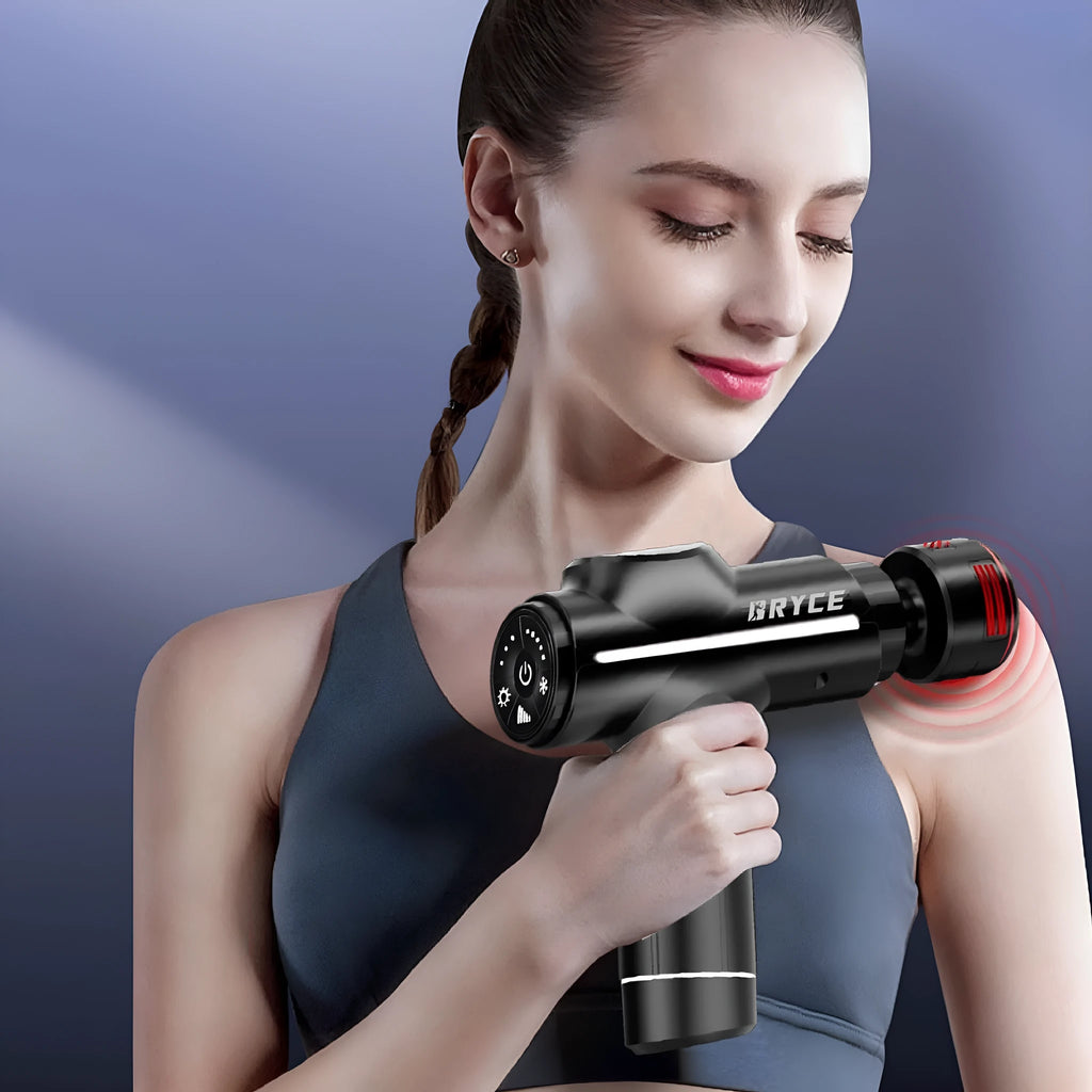 Black hot and cold massage gun with brushless motor, LED screen, dimensions 155x46x170mm