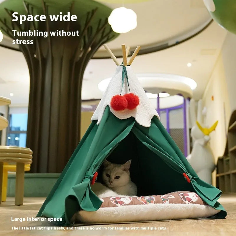 Brown semi-closed cloth cat house bed for winter, shown next to a white mat version.