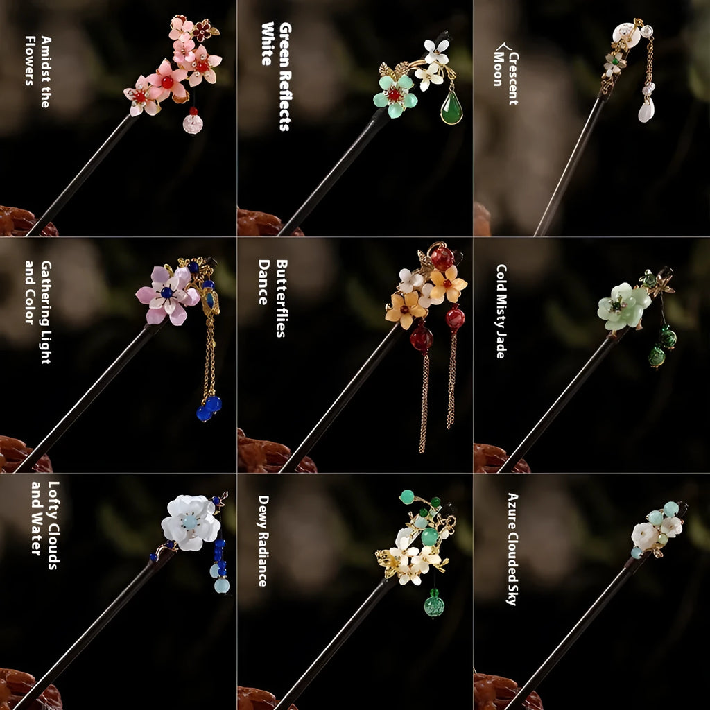 Wooden flower-shaped hair clasp in New Chinese style, single hairpin for women, 14 colour options.