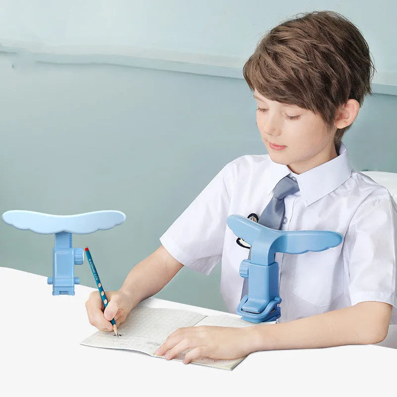 Student anti-myopia seated posture orthosis in silicone and ABS, blue or pink, card table and desktop model