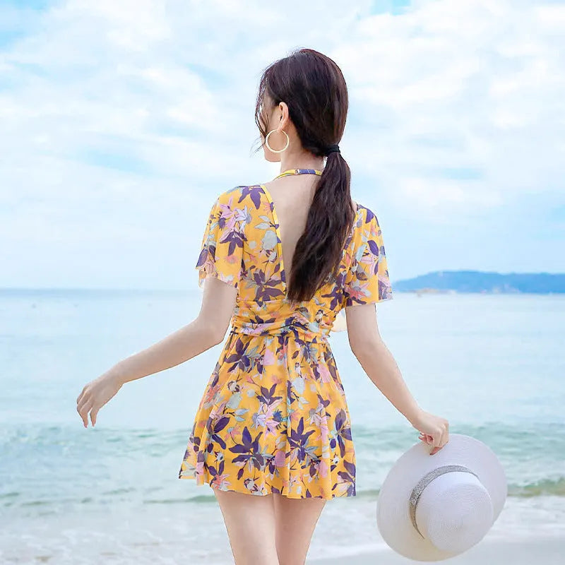 Yellow floral pattern women's one-piece swimsuit in polyester fabric