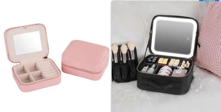 Luxury lighted vanity case with large storage compartment, adjustable professional lighting, and high-definition mirror for flawless on-the-go makeup application