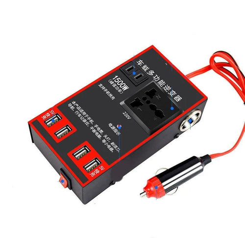 Black automotive power converter transforming 12V/24V vehicle power to 220V with USB charging ports