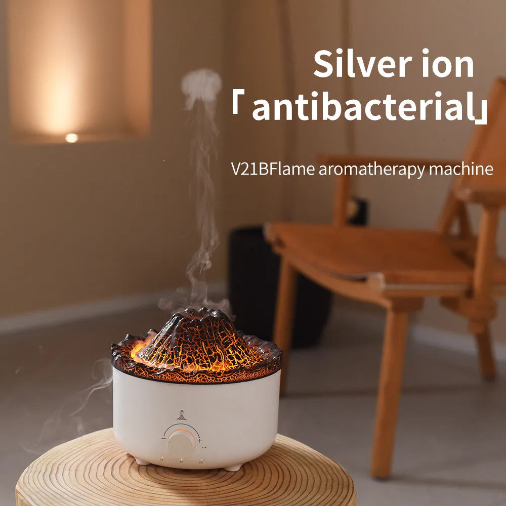 White volcano-shaped humidifier with flame effect lighting and remote control