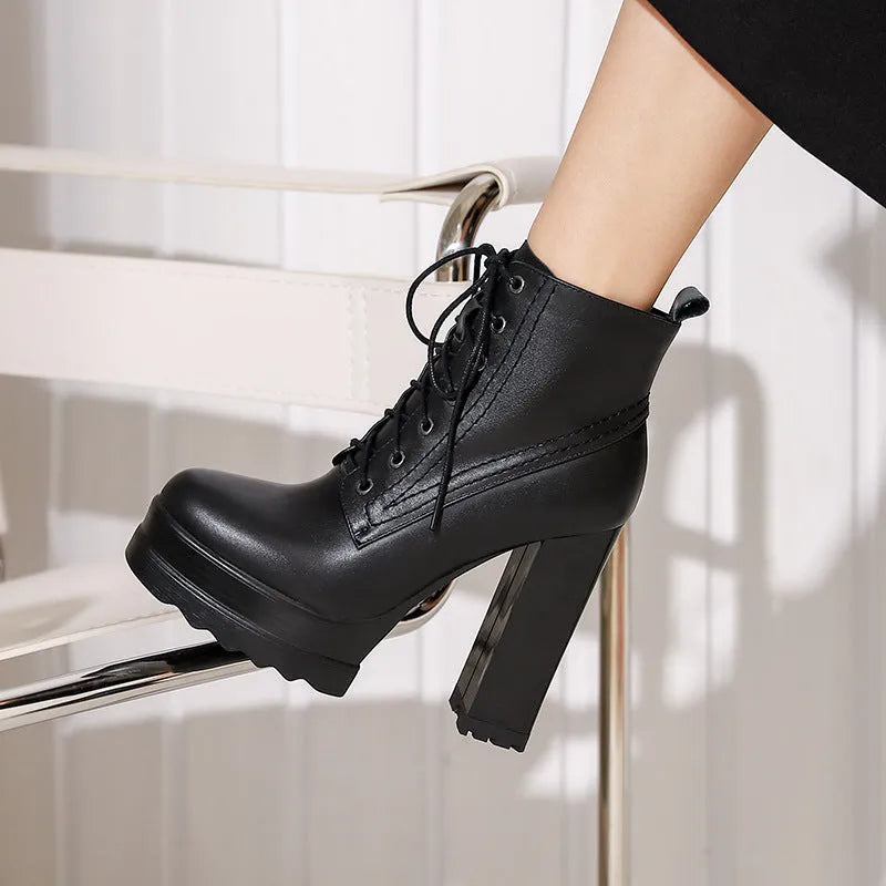 Women's black waterproof platform ankle boots with chunky heel and side zip.