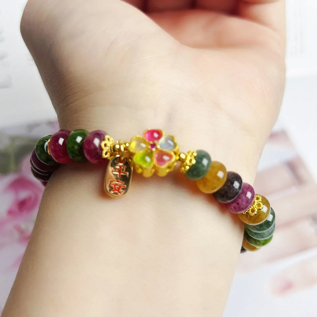 Women's colourful tourmaline abacus bead bracelet with artificial crystal components