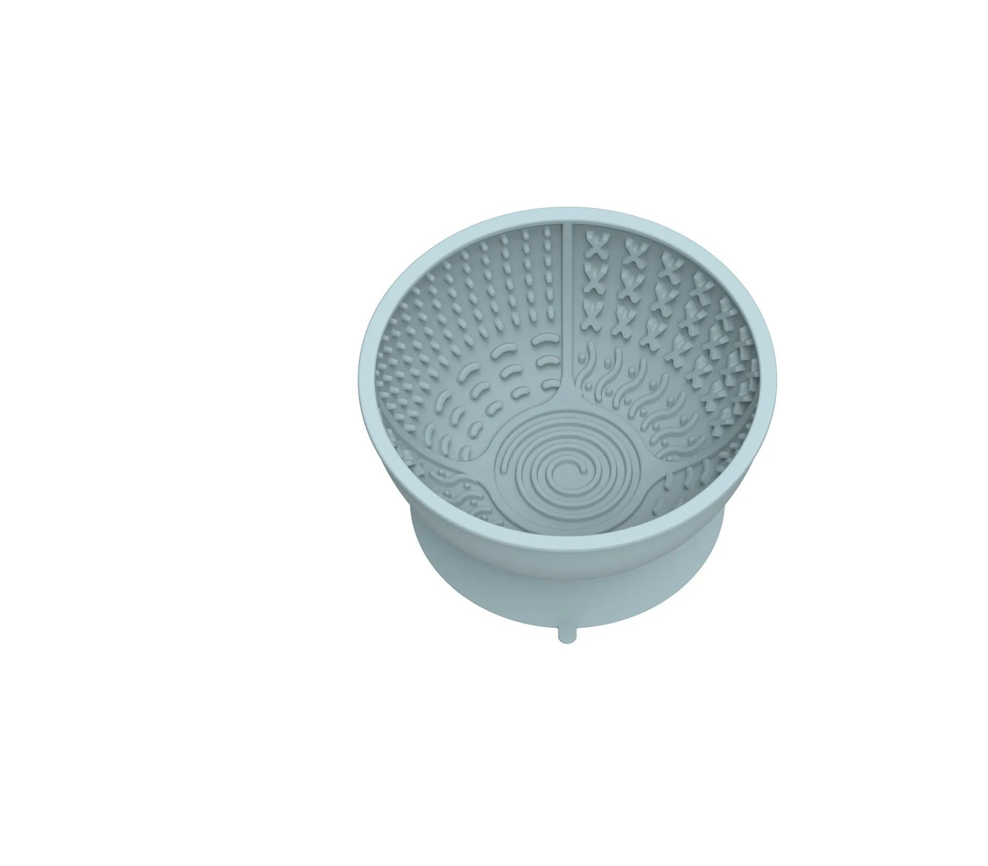 Cyan silicone pet slow feeder bowl with textured surface and suction cup base