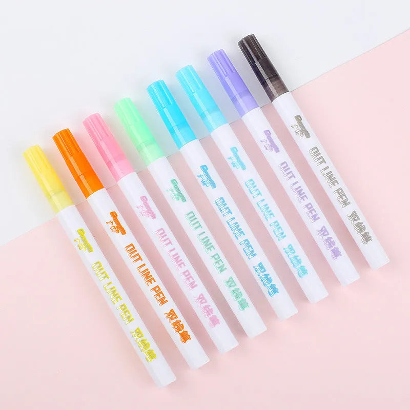 Set of eight fluorescent highlighter pens with 2mm chisel tips in a cardboard storage box.