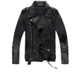 Black denim jacket with lapel collar, zip placket, long sleeves and zipper pockets, slim fit