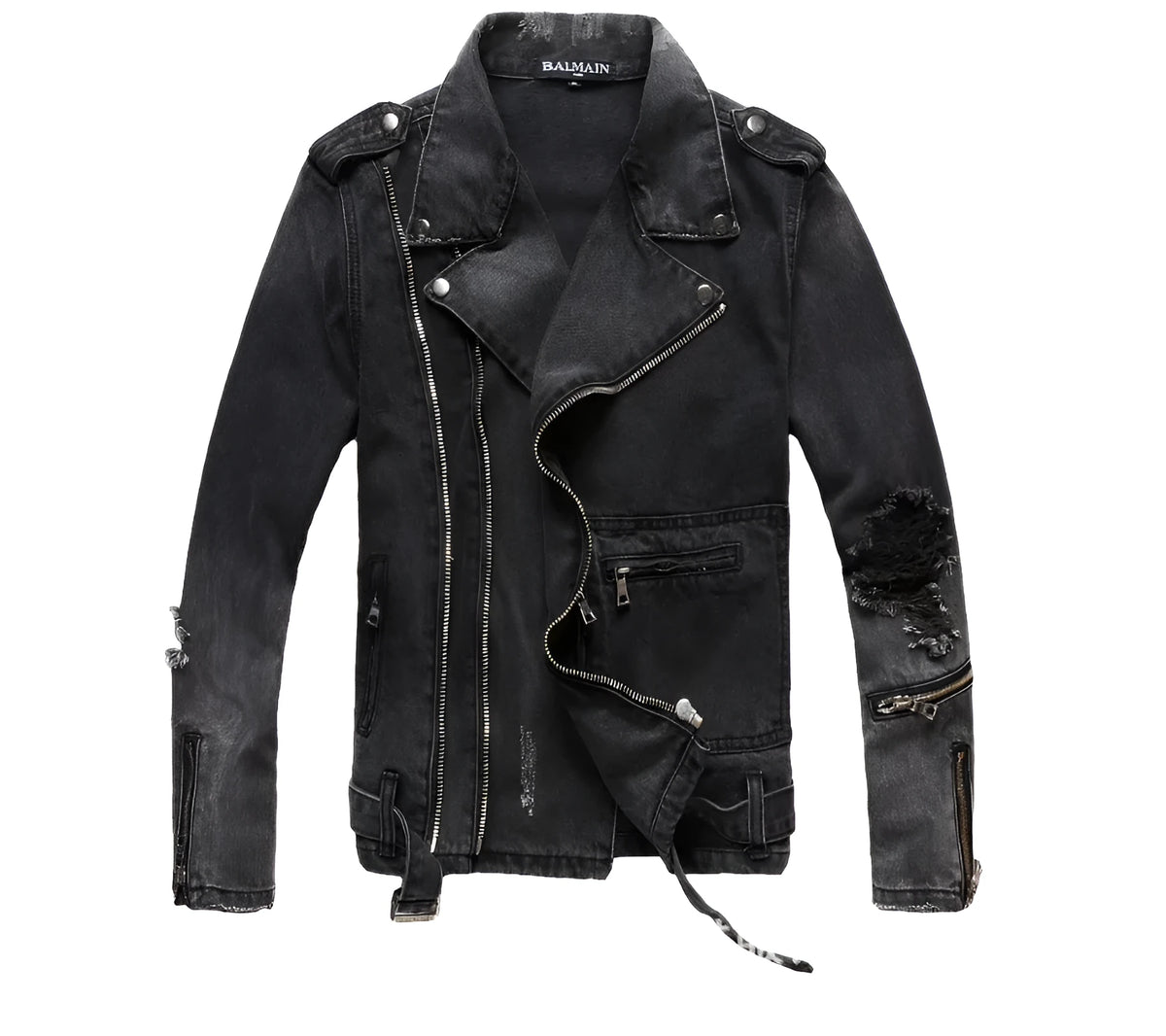 Black denim jacket with lapel collar, zip placket, long sleeves and zipper pockets, slim fit