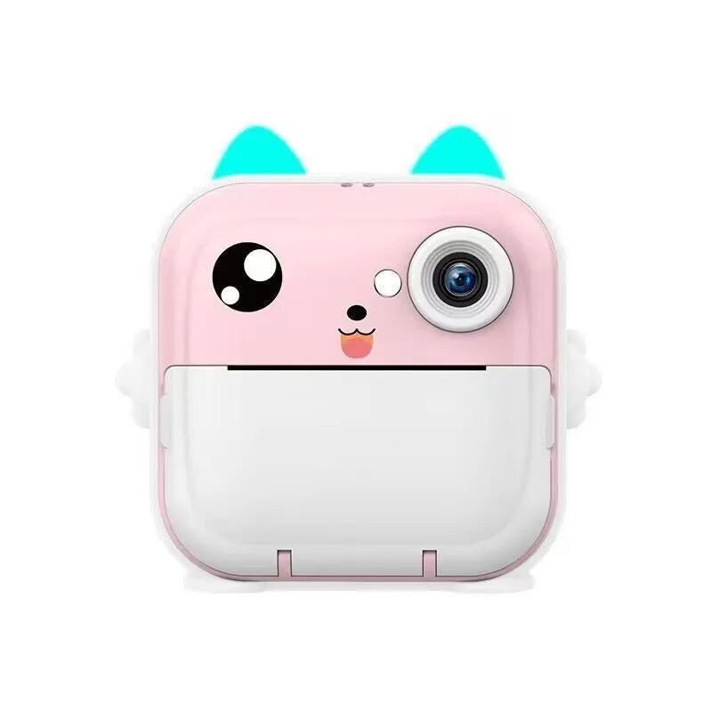 Pink children's SLR-style toy camera with a double lens on a white background.