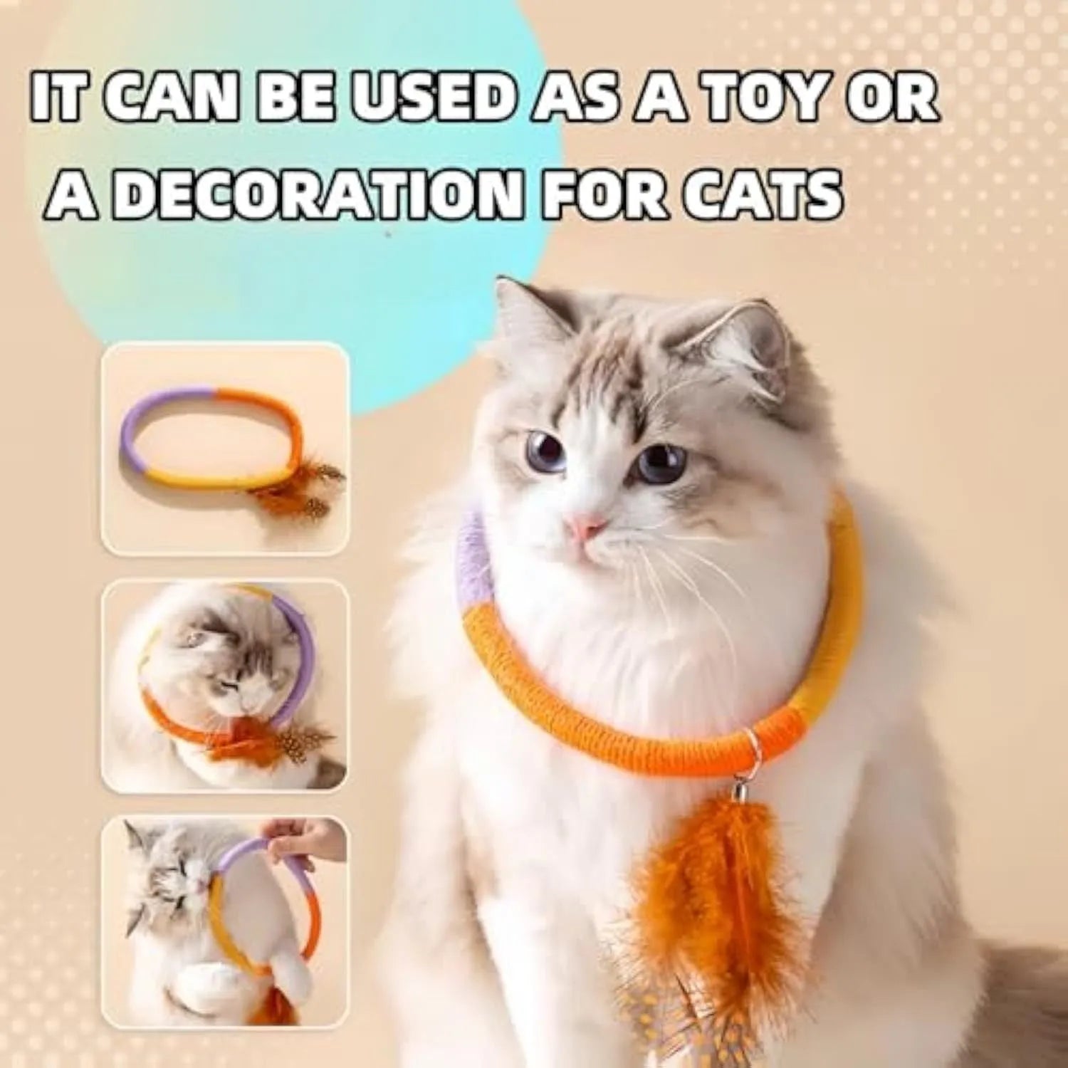 Green circular cotton rope cat toy with feathers and catnip for dental cleaning and interactive play