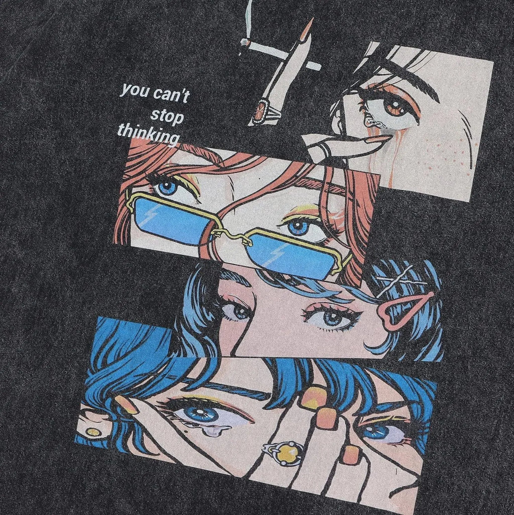 Men's black cotton t-shirt with cartoon digital printing, loose street style with short sleeves