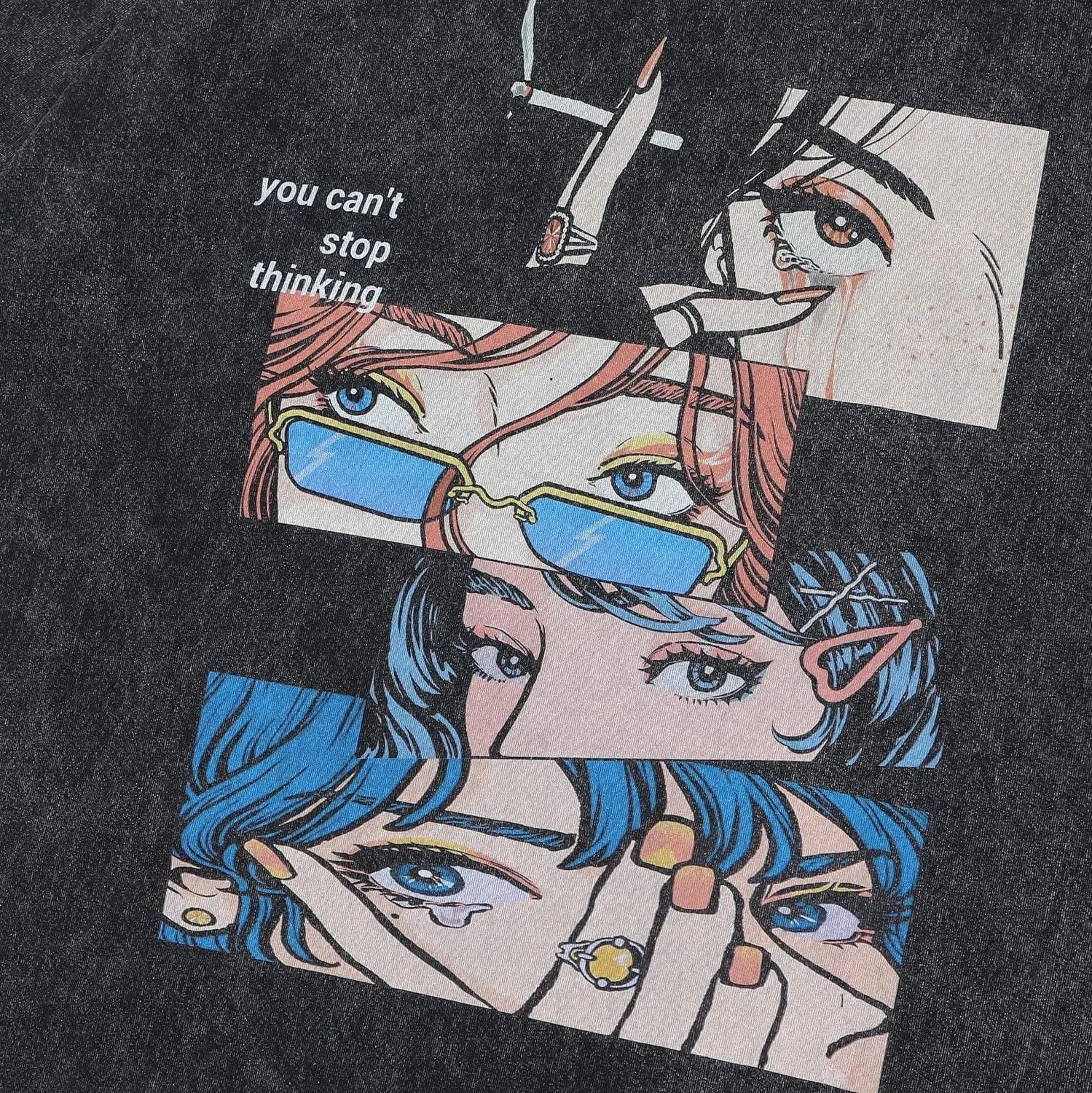 Men's black cotton t-shirt with cartoon digital printing, loose street style with short sleeves