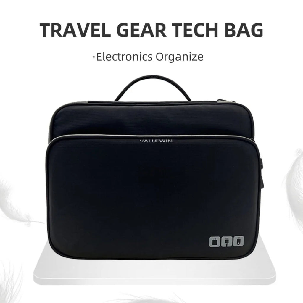 Three-layer waterproof polyester travel storage bag in black with sewing line detailing