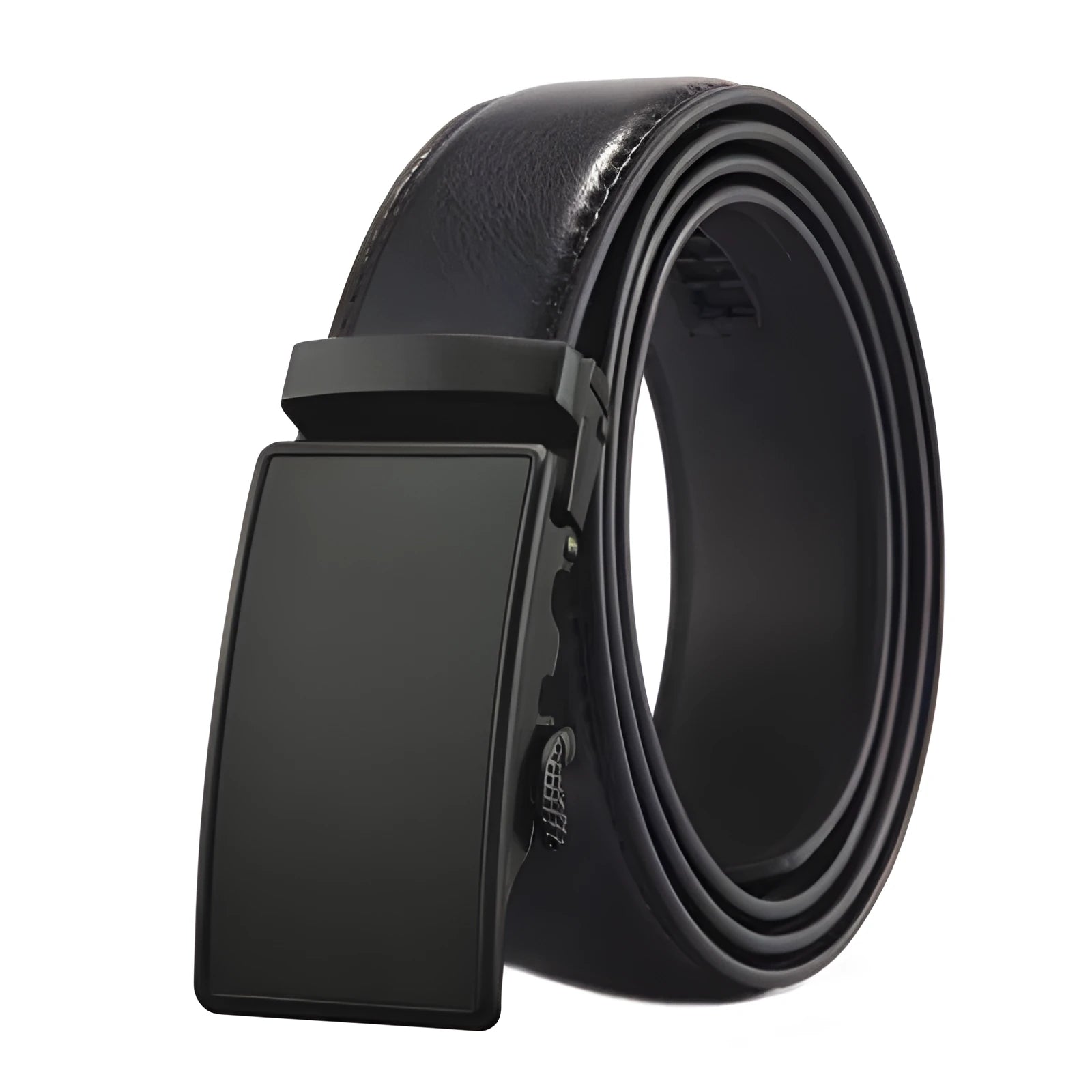 Real cow leather automatic belt with alloy buckle, smooth black finish, available in 110cm 120cm 130cm lengths