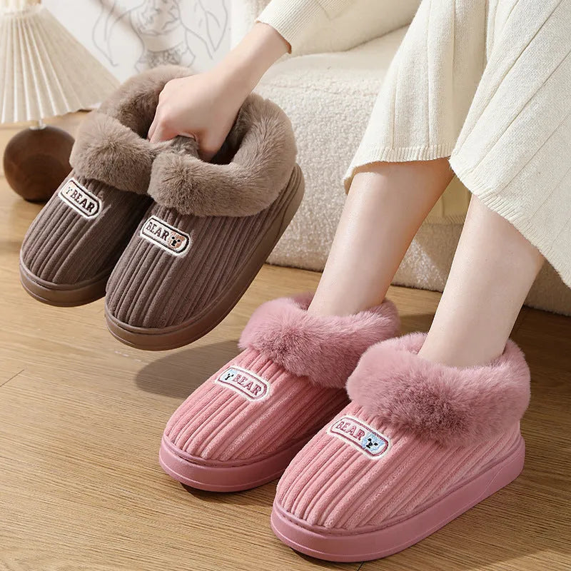 Winter warm house slippers with covered heel, cotton upper, artificial fur lining, and thick non-slip PVC sole in Coffee, Grey, Pink, and Wine Red.