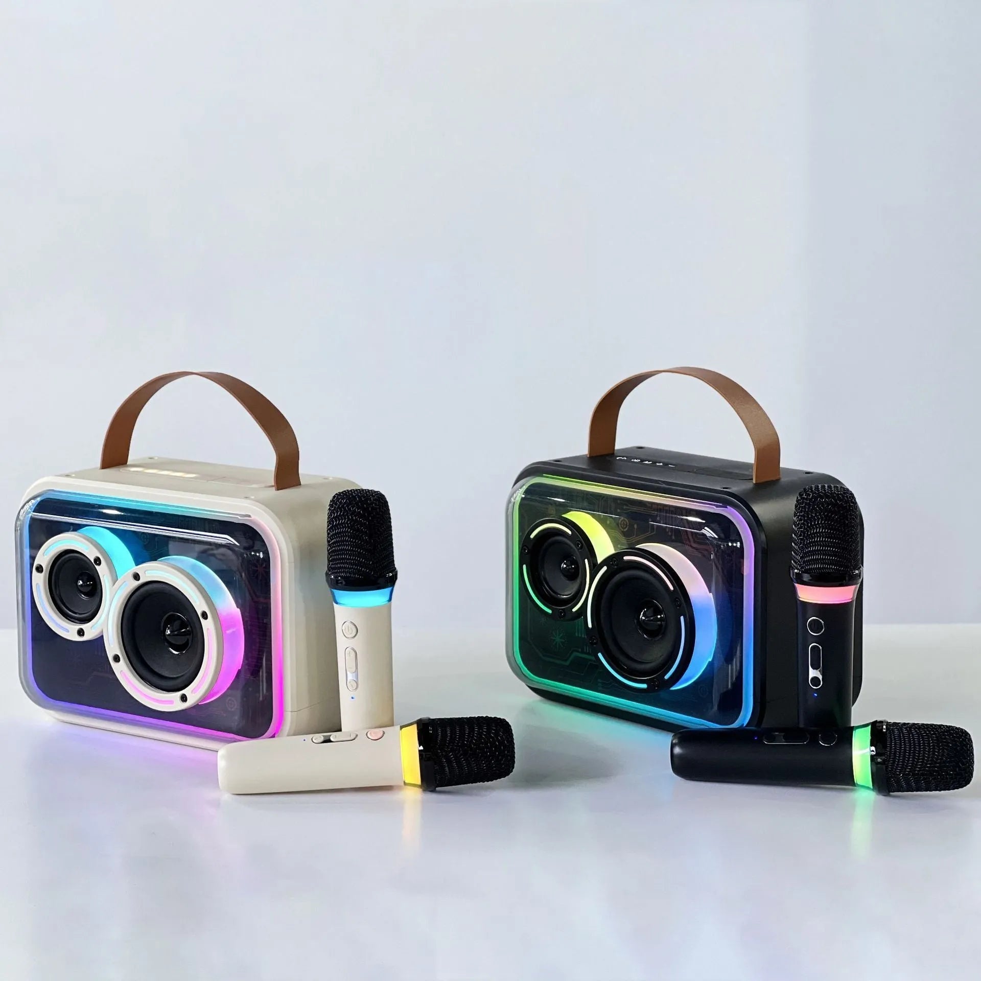 Light yellow and black portable Bluetooth karaoke speaker with RGB lights and microphone.