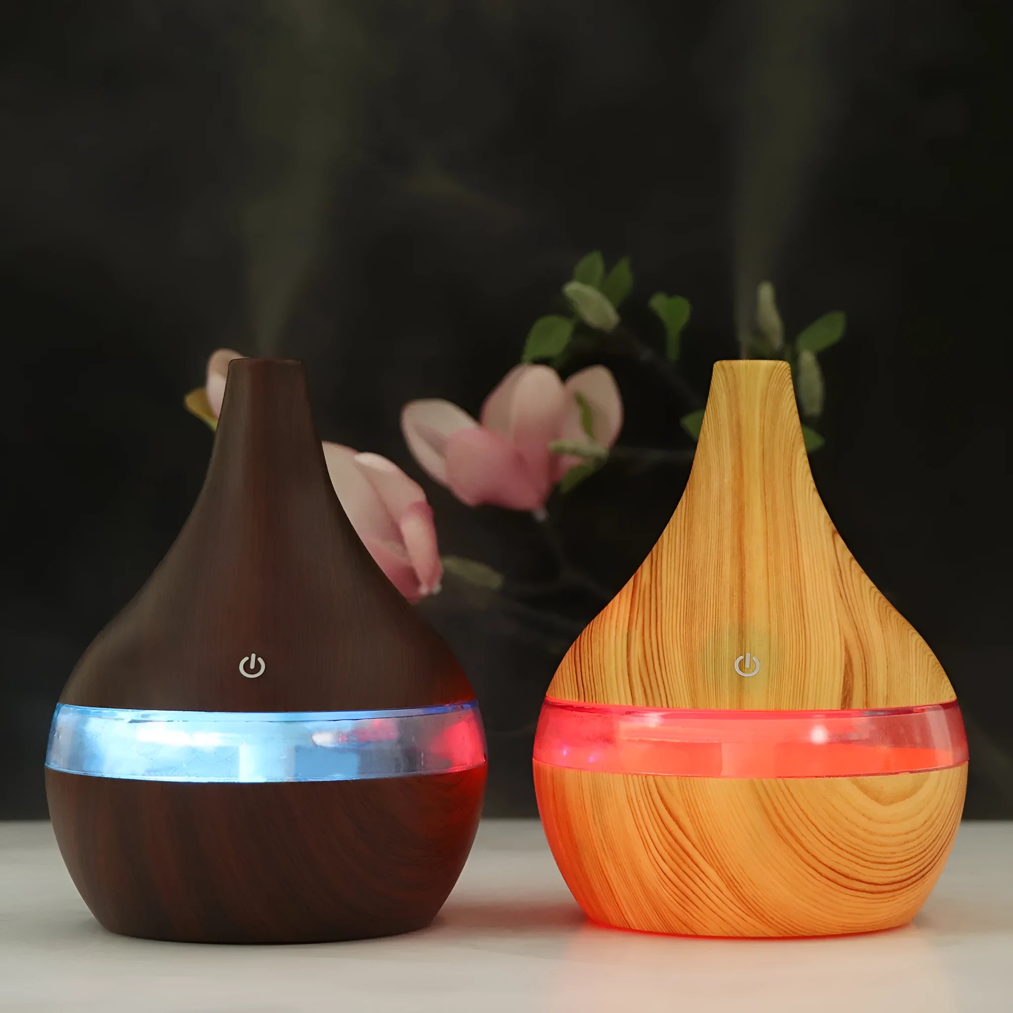 USB-powered mini humidifier in columnar design with wood grain finish and remote control