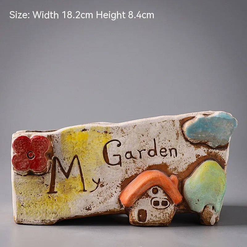 Hand-painted ceramic combination pot for meat plants and flowers with pastoral design