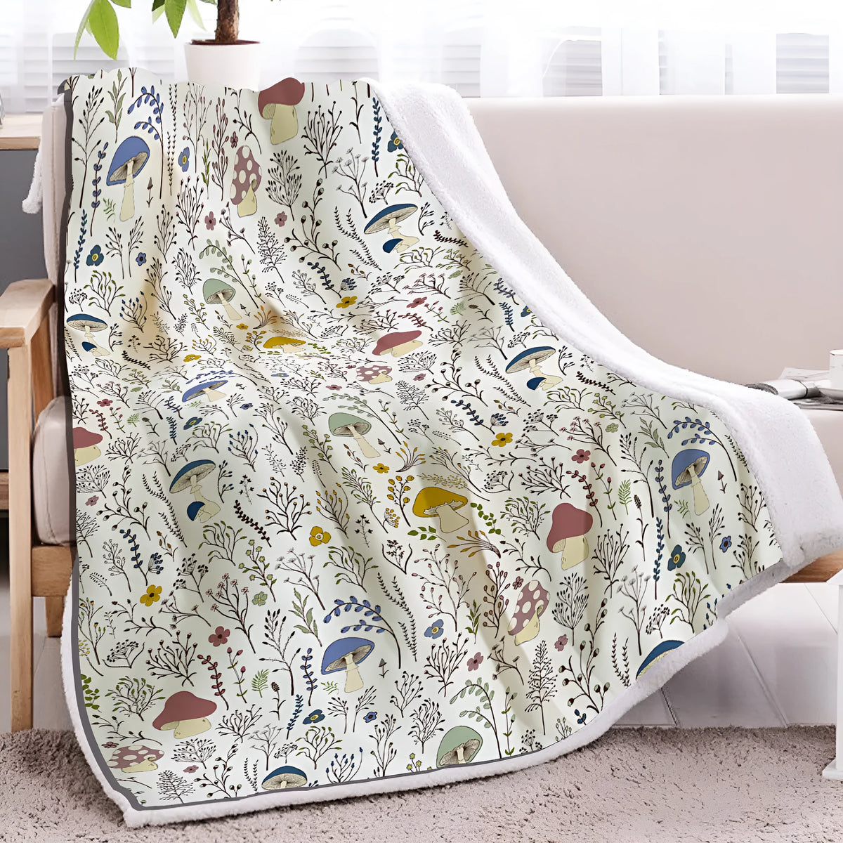 White tree leaf mushroom style sherpa fleece blanket with hemmed edges, available in 130x150cm and 150x200cm