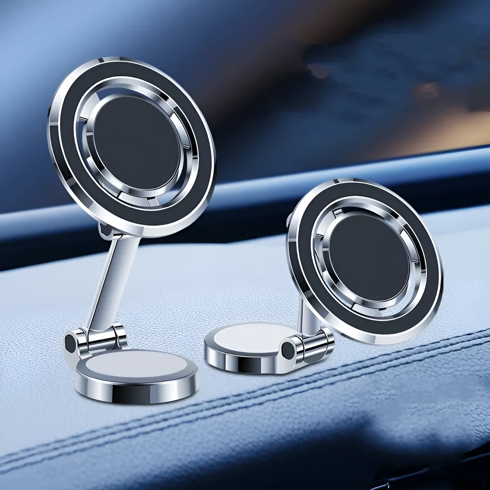 Black car phone mount with magnetic adhesive for centre console installation showing 360-degree rotation capability